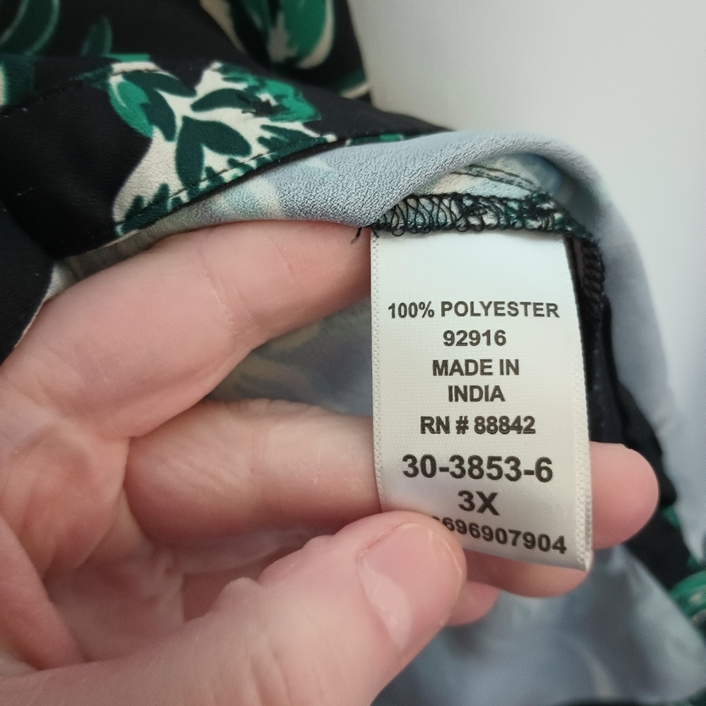 Catherines 3X Button Front Blouse Top Kelly Green Floral Satin Peasant - Picture 11 of 13